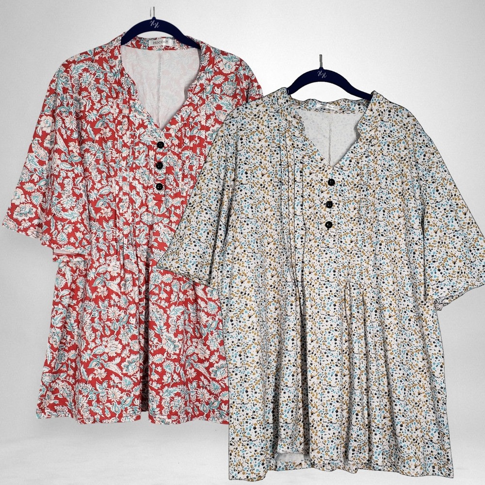 Hocosit Tunic Top Lot of 2 Womens 2XL XXL White Red Floral Pleated Ruffle Sleeve